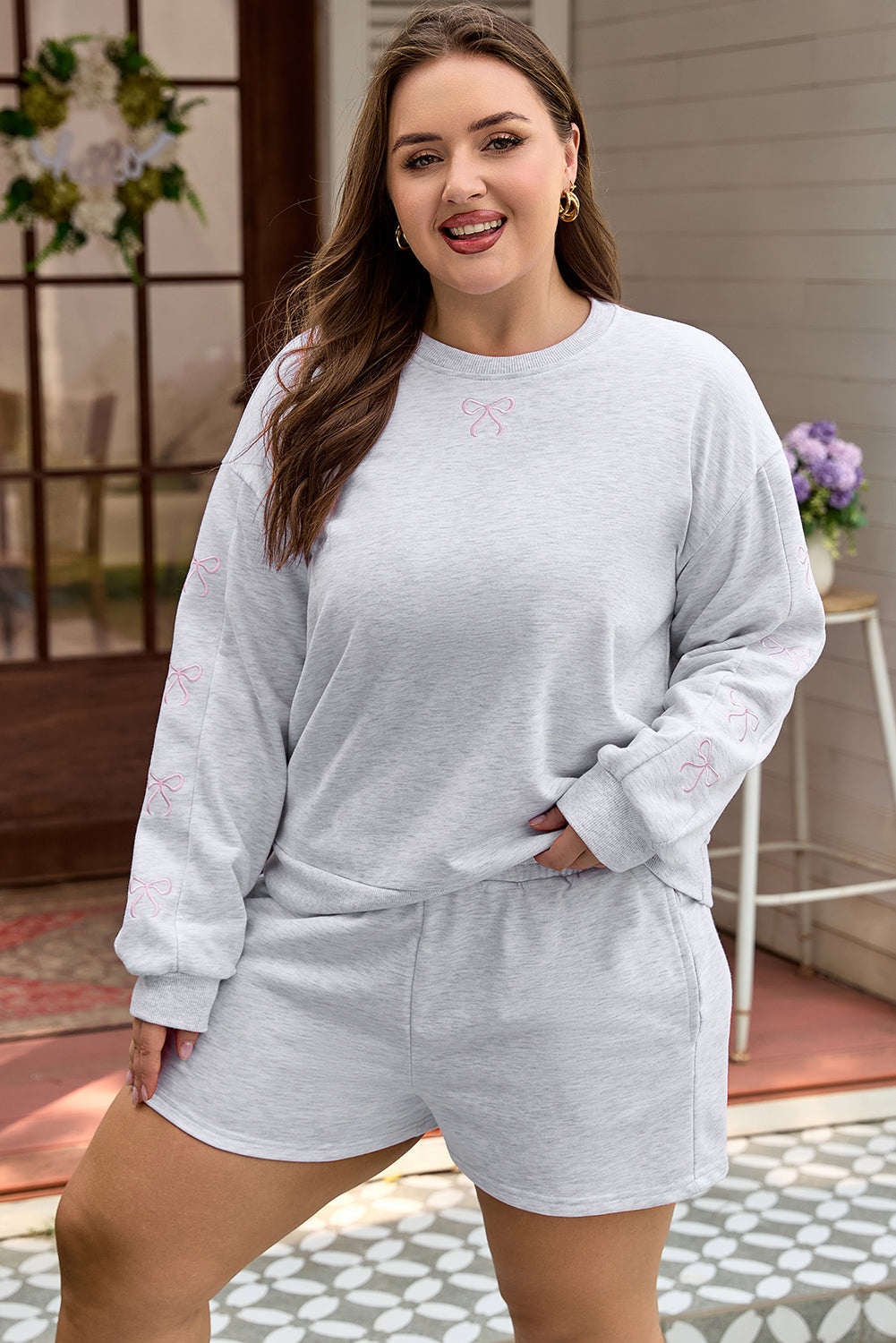 Light Grey Girly Bow Embroidered Puff Sleeve Two Piece Set Dear-Lover Dropshipping